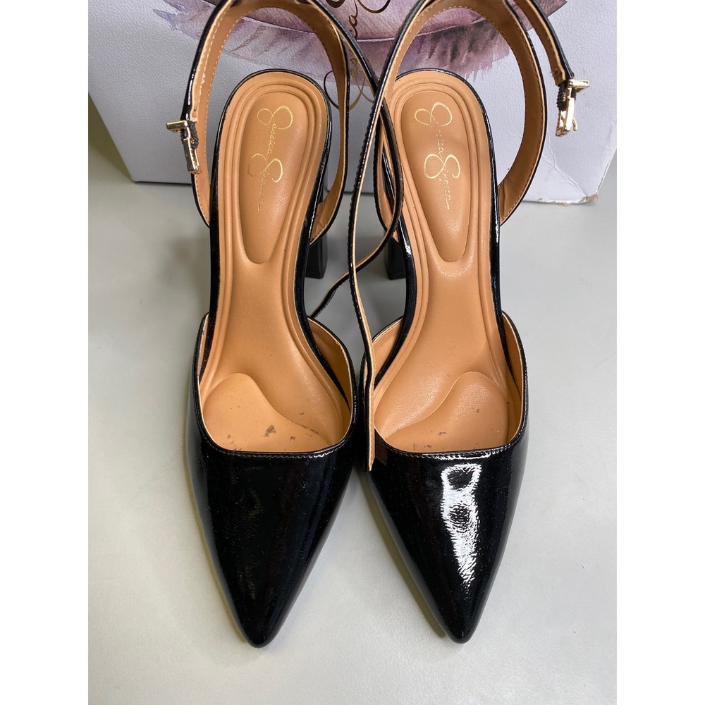 Jessica Simpson Nazela Black Crinkled Patent Block Heel Ankle Strap Pumps 8.5M - Picture 2 of 6